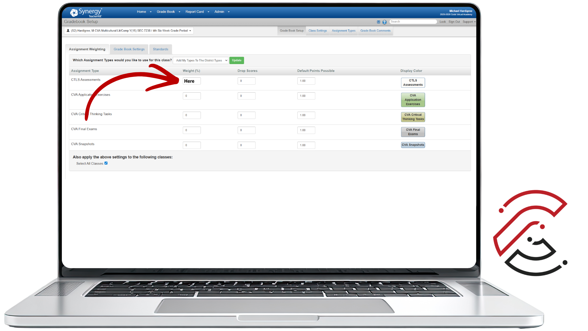 Synergy Assignment Weighting screen with a red arrow pointing to the Weight percentage field for an assignment type.